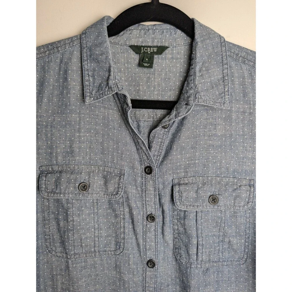 J.Crew Chambray Polkadot Shirt Dress Size S Blue Cotton Roll Tab Long Sleeve